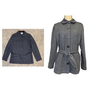 TALBOTS Jacket Coat Dark Gray Herringbone 100% Wool Belted Formal Office Sz 10